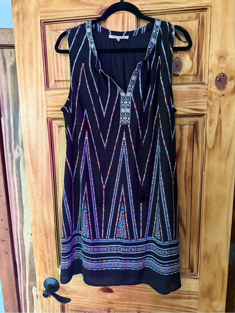 Sleeveless Black Mini Dress with Multicolor Geometric Trim